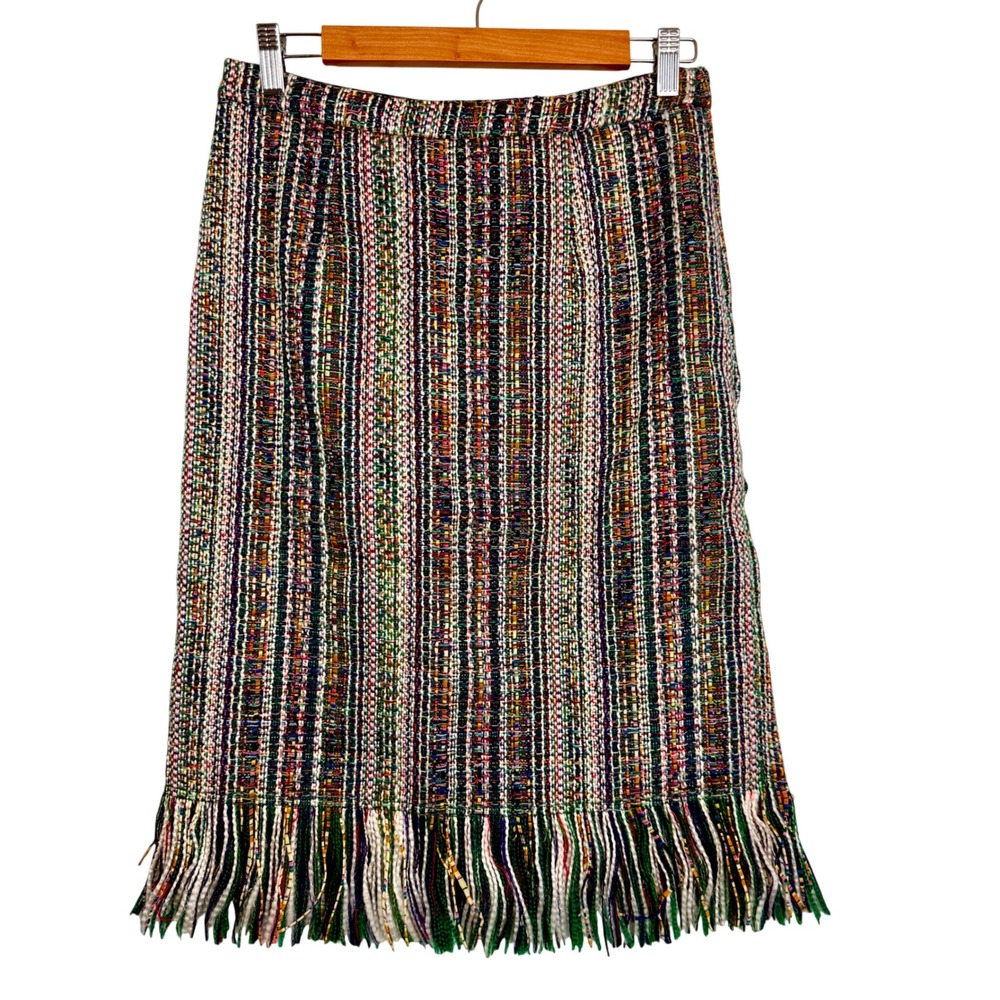 Maeve Anthropologie Green Multi Color Striped Tweed Fringe Pencil Skirt Size 6